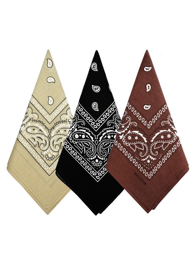 Bycc Bynn 3 Pack 100% Cotton Paisley Pattern Bandanas Face Mask Square Scarf Headwear (khaki + Brown + Black) - Image 1